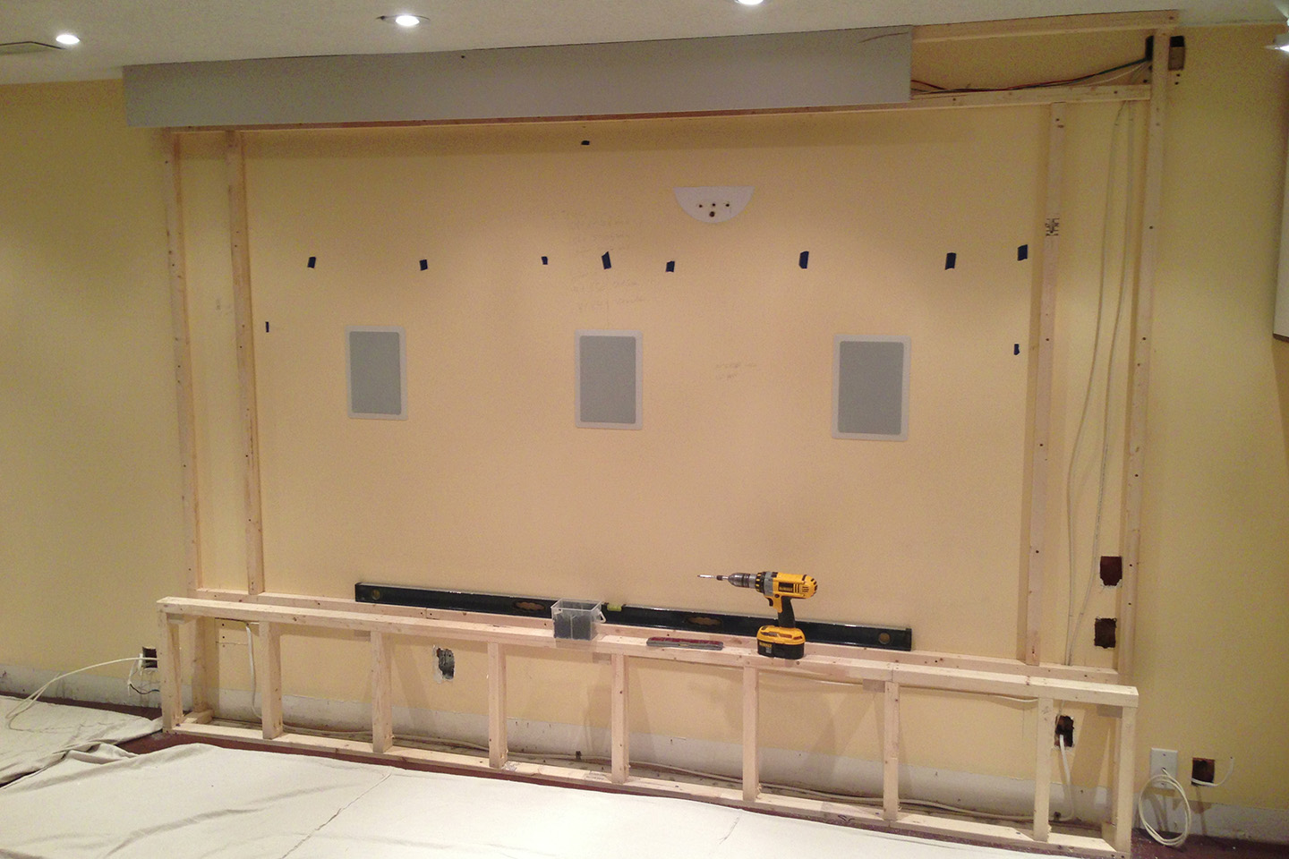 In Wall Speakers and Framing for Perforated Projection Screen Install